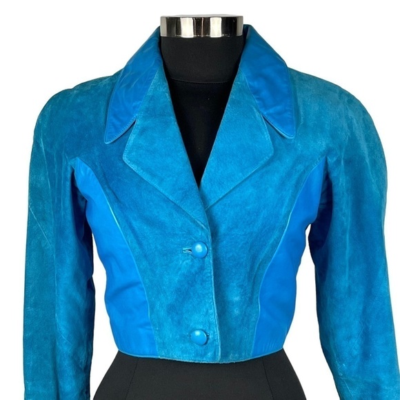 MICHAEL HOBAN NORTH BEACH VINTAGE 90S LEATHER BLUE CROP JACKET SKIRT SET SUIT - Picture 10 of 16